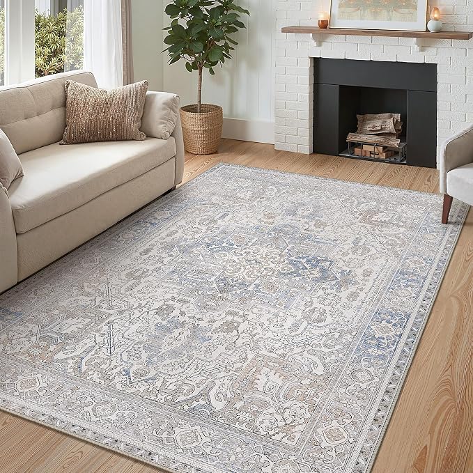 GENIMO 6x9 Area Rugs for Living Room, Machine Washable Rug, Non Slip Indoor Vintage Rug, Low Pile Lightweight Print Carpet for Bedroom Dining Room Home Office, Khaki Blue