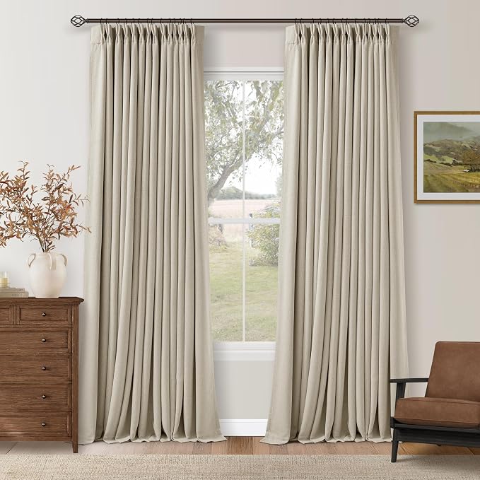 TWODRAPES 92 Inch Long Pinch Pleated Blackout Curtains for Bedroom Living Room, Oatmeal Beige Linen Blend 100% Blackout Sliding Door Curtains, Cozy Modern Privacy Protection Curtains 92 Inches