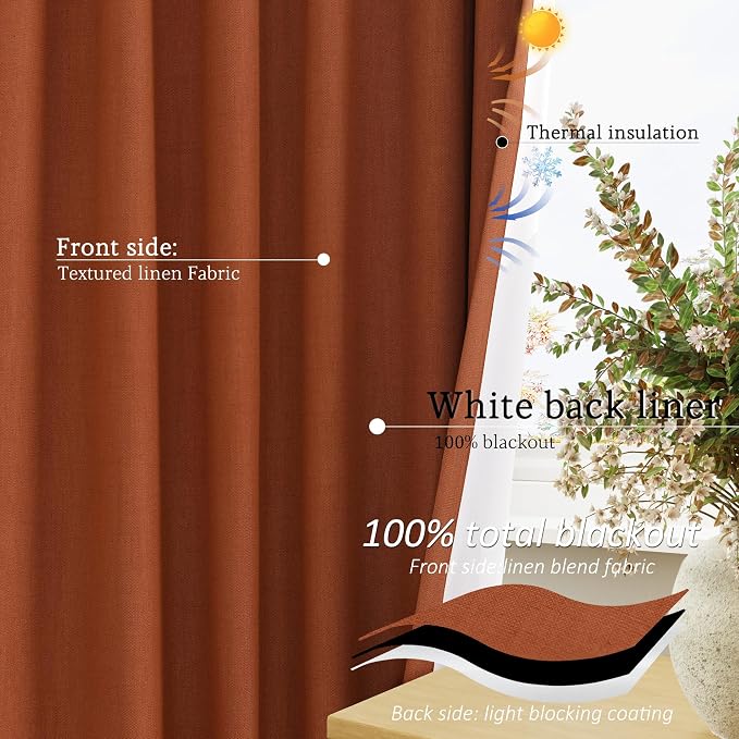 Jowels Terracotta Linen Blackout Curtains 90 Length 2 Panels Set for Living Room Bedroom, 100% Black Out Thermal Insulated Linen Drapes, Room Darkening Grommet Curtains 90 Inches Long