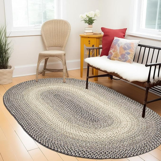 Super Area Rugs Braided Rugs 4X6 Farmhouse Kitchen Rug - Ridgewood Gray Braided Rug for Living Room - Reversible - Indoor/Outdoor - Made in USA - Graphite/Beige, 4' X 6' Oval