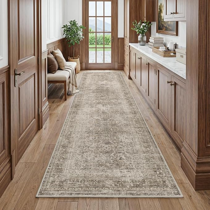 FMFUNCTEX 3x12 Runner Rug Taupe Washable Vintage Neutral Distressed Non Slip Low Pile Indoor Carpet Soft Retro Floral Hallway Entryway Rug for Kitchen Living Room Bedroom Bathroom Laundry Bedside