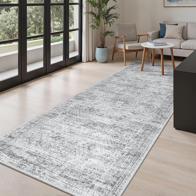 Soalmost Hallway Runner Rug 4x8 Wide: Washable Thin Runners for Hallways Entry, Non Slip Soft Vintage Kitchen Area Rugs for Living Room Bedroom Dining Room Foyer (Grey, 4x8)