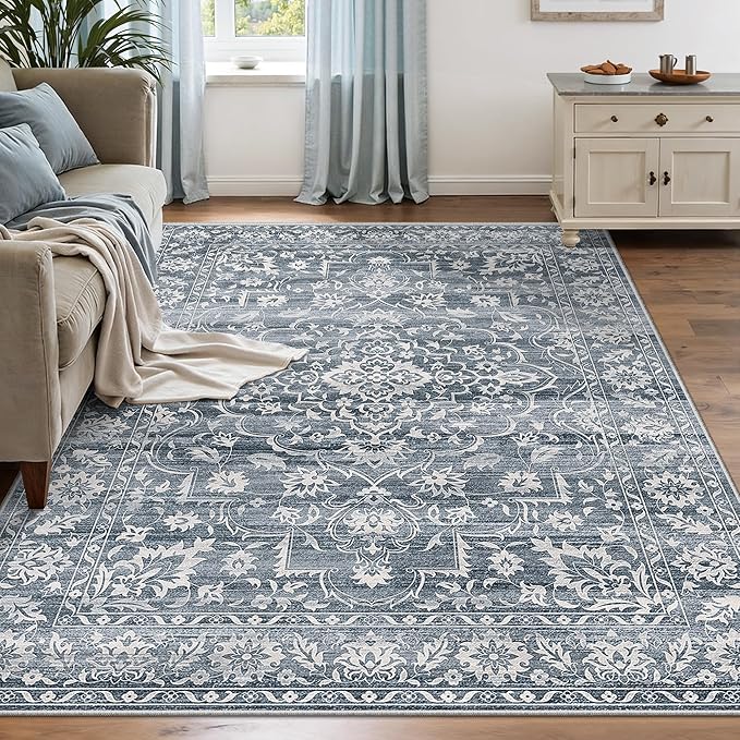Soalmost 5x7 Area Rugs for Living Room, Washable Bedroom Soft Rug Blue | Vintage Floral Non-Slip Low Pile Throw Large Neutral Carpet for Dining Room Kitchen Home Office Nursery 5'x7'