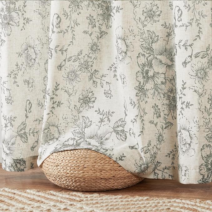 jinchan Lined Linen Blend Curtain Floral Curtains for Living Room 63 Inch Length Grey Peony Flower Printed Curtain Back Tab Farmhouse Patterned Drapes Bedroom Window Curtains Set 2 Panels