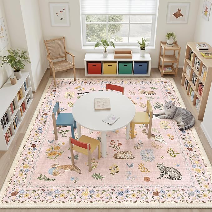 Soalmost Cat 9x12 Pink Area Rugs for Baby Girl Nursery, Washable Animal Floral Vintage Rug Non-Slip Low Pile Soft Throw Rugs for Living Room Dining Room Bedroom Playroom Classroom (9 x 12,Pink)