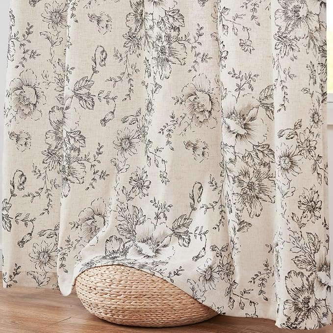 jinchan Pinch Pleated Curtains Floral Linen Blend Curtains for Living Room 63 Inch Length Black Peony Flower Printed Curtain Rod Pocket Back Tab Farmhouse Pinch Pleat Drapes with Hooks Set 2 Panels