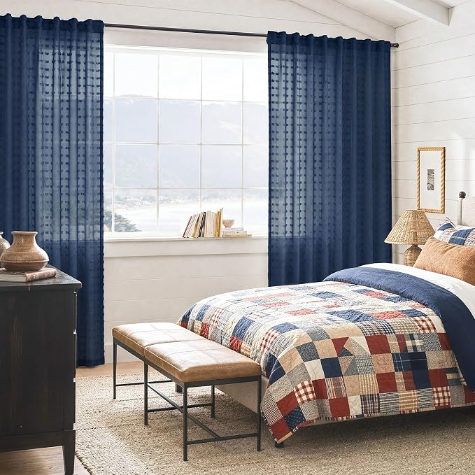 Navy Blue Boho Sheer Curtains 63 Inch Length for Nursery Boys Bedroom Cute Sheer Pom Pom Curtain for Farmhouse Window Decor Navy Indigo Blue Voile Drapes for Living Room Back Tab 2 Panels Set 52x63