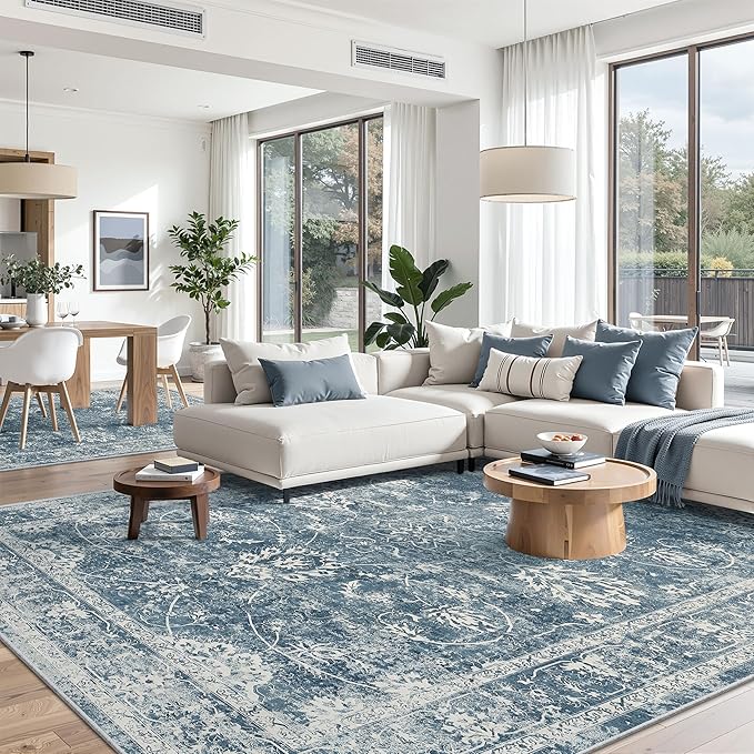 Madane 8x10 Area Rugs for Living Room, Machine Washable Vintage Rug with Non-Slip Backing, Soft Floral Print Large Throw Rugs, Thin Carpet for Bedroom Dining Room Farmhouse (8 x 10, Blue)