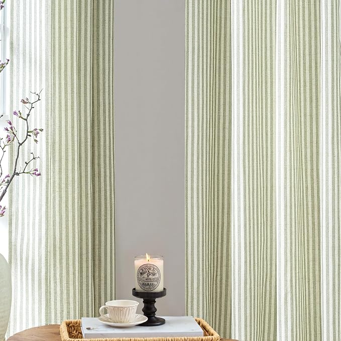 jinchan Linen Curtains for Living Room Sage Green on Beige Striped Curtains for Bedroom Ticking Stripe Pattern Light Filtering Farmhouse Cottage Core Rustic grommet Window Treatment 2 Panels 63 inches