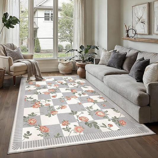 HUGEAR 5x7 Checkered Area Rugs Machine Washable Grey Living Room Rug Floral Print Non-Slip Stain Resistant Low Pile Indoor Throw Carpet for Bedroom Home Unique Aesthetic Modern Decor