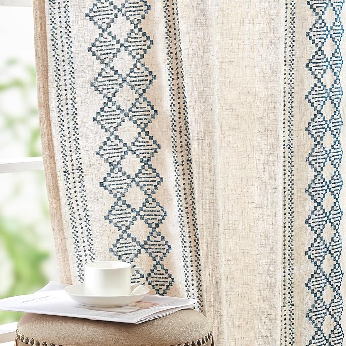 jinchan Boho Curtains Linen Blend Beige Farmhouse Curtains 96 Inches Long for Living Room Blue Square Embroidered Bordered Back Tab Bedroom Window Light Filtering Bohemian Drapes 2 Panels