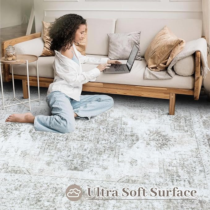 XLUEZ Area Rug 5x7 Living Room Rug, Machine Washable Vintage Distressed Medallion Rug Non-Slip Soft Low Pile Large Indoor Rugs for Bedroom Kitchen Dining Room Office(Taupe,5'x7')
