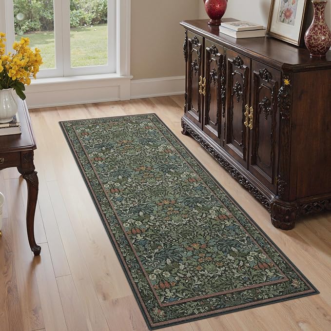 GENIMO 2.5x6 Washable Kitchen Runner Rug, Non Slip Mat, Dark Green | Vintage Boho Floral Low Pile Thin Mat for Entryway, Kitchen, Bedroom, Indoor Decor