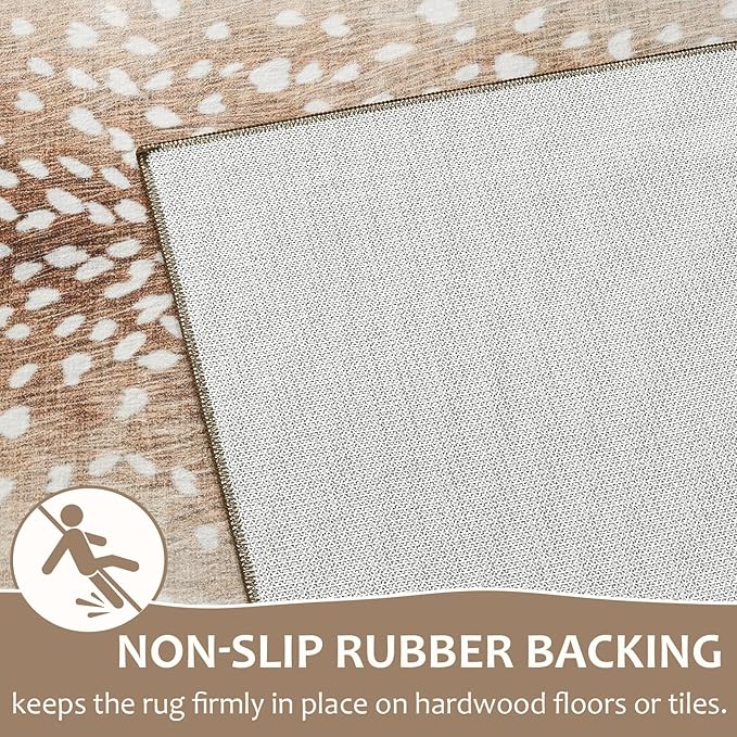 Soft Antelope Rug 4x6 Ft, Animal Print Rugs for Living Room Bedroom, Non-Slip TPR Backing for Hardwood Floors, Machine Washable & Easy to Clean, Pet Friendly Carpet for Kids, Brown, White