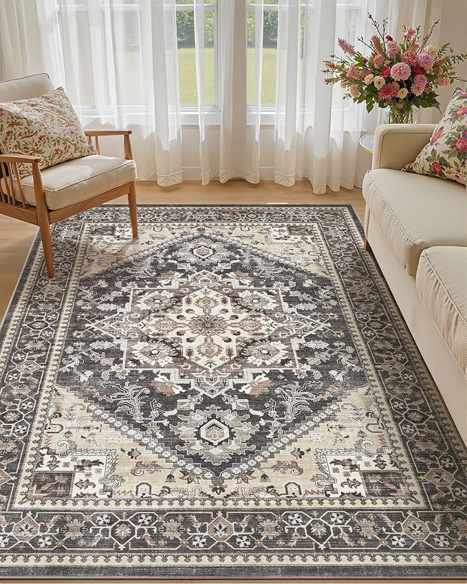 7x9 Vintage Area Rug: Washable Neutral Soft Non Slip Thin Large Floor Carpet for Living Room Bedroom Kitchen Dining Room Home Office Farmhouse Indoor - Black