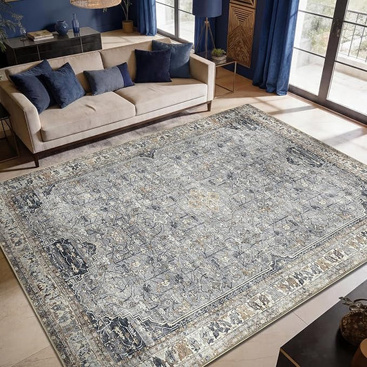 Keen Home Design 8x10 Rug - Machine Washable Area Rug with Non-Slip Backing, Ideal for Living Room, Dining Room, Bedroom - Vintage, Easy Clean, Durable, Low Pile Rug - (8' x 10')