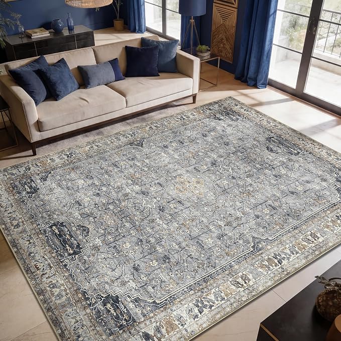 Keen Home Design 9x12 Rug - Machine Washable Area Rug with Non-Slip Backing, Ideal for Living Room, Dining Room, Bedroom - Vintage, Easy Clean, Durable, Low Pile Rug - (9' x 12')