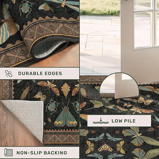 Hazo Haus Large Black Rug for Living Room - Area Rugs 9x12 Dining Room Table, Large Bedroom Under Bed, Unique Insect Bug Home Décor, Foldable Soft Stain Resistant
