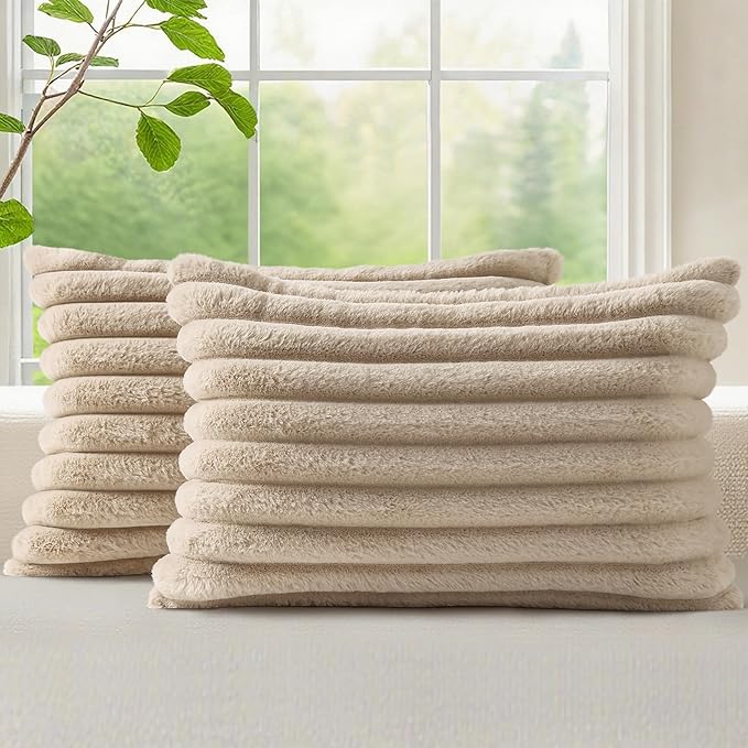 decorUhome Fall Cozy Faux Fur Throw Pillow Covers 12x20 Set of 2 Decorative Soft Plush Striped Lumbar Modern Farmhouse Boho Couch Pillow Cases with Velvet Back for Sofa Bed Living Room, Khaki Brown