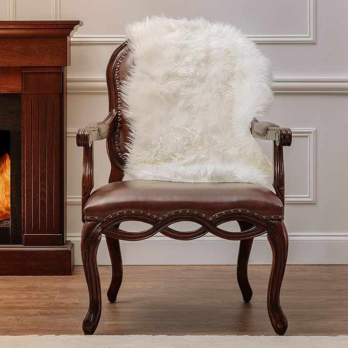 Chanasya Super Soft Faux LongFur Suede Fake Sheepskin for Sofa Couch Stool Vanity Chair Cover Luxurious Fluffy Rug Solid Shaggy Area Rugs for Living Bedroom Floor - Off White 2ftx3ft
