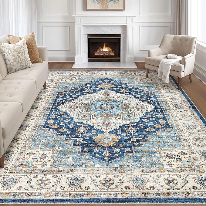 7x9 Area Rug Living Room: Washable Boho Large Neutral Vintage Soft Rugs Stain Resistant Farmhouse Non-Slip Indoor Floor Retro Carpet for Bedroom Nursery Kids Office Dining Room- Navy Beige