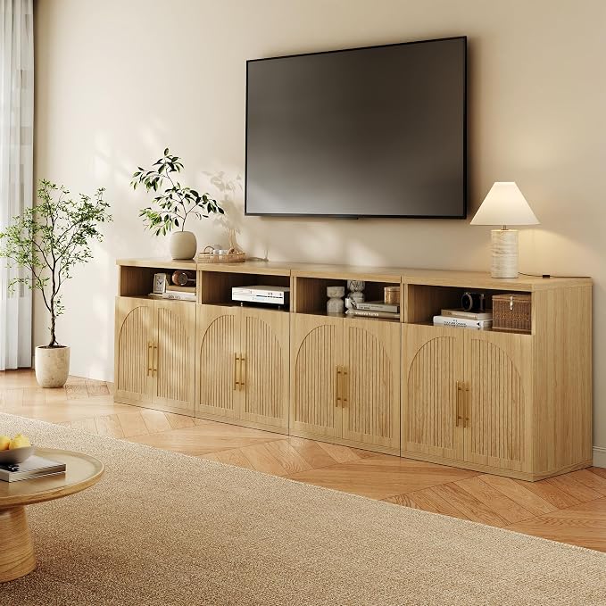 Fluted Buffet Cabinet with Storage, 31.5" Wide Wood Sideboard Credenza with Open Storage Shelf & Adjustable Shelves, Modern Kitchen Entryway Accent Table for Dining Room Living Room Hallway, Oak