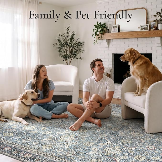 GENIMO 6x9 Area Rugs for Living Room, Machine Washable Non Slip Vintage Rugs, Low Pile Lightweight Chenille Print Rug for Bedroom, Dining Room, Home Office, Vintage Blue