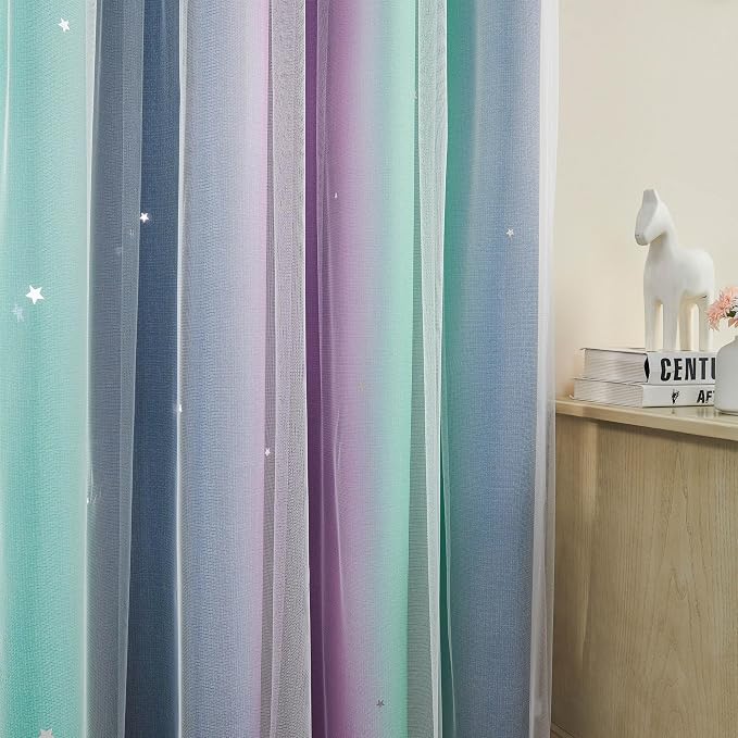 XiDi Curtains for Bedroom Decor, Rainbow Purplgreen grey34/90