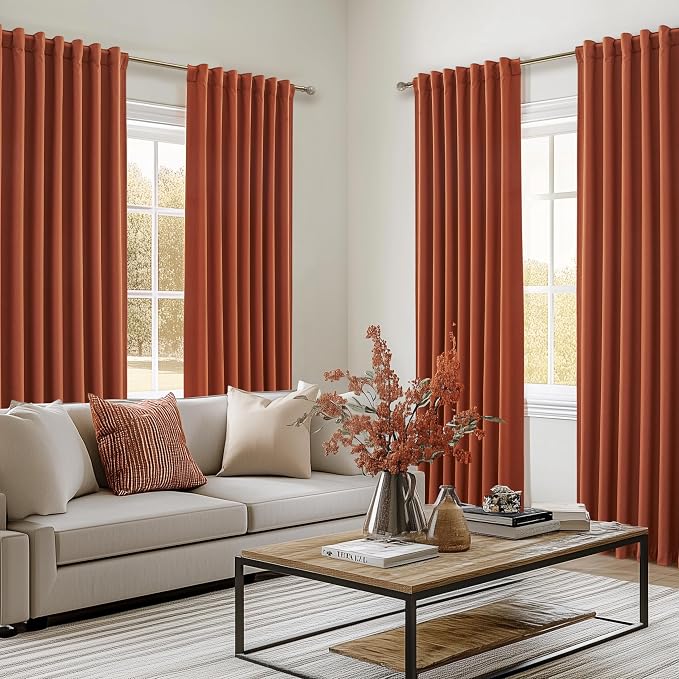 Fall Burnt Orange Curtains Blackout Extra Long 120 Inches 2 Panels Set,Terracotta Autumn Color Decor Retro for Living Room/Bedroom Antique Copper Rust Boho 70s Large Window Pleated Linen Drapes