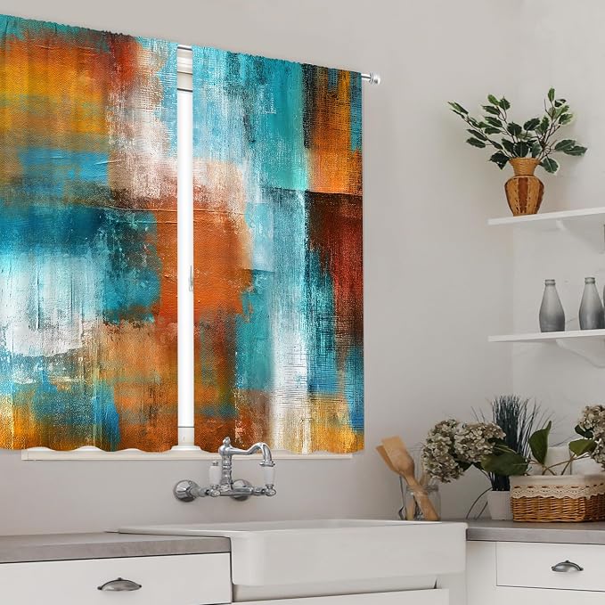 MESHELLY Teal Grey Kitchen Curtains 27.5Wx39H Inch Rod Pocket Square Geometric Checkered Blocks Contemporary Oil Paint Bedroom Window Drapes Colorful Aesthetic Printed Living Room Window Treatment