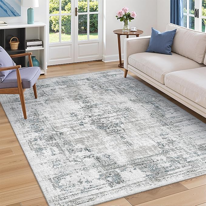 Madane 6x9 Area Rugs for Living Room, Machine Washable Vintage Rug with Non-Slip Backing, Soft Throw Large Rug, Thin Carpet for Bedroom Dining Room Farmhouse Under Table, Blue/Grey