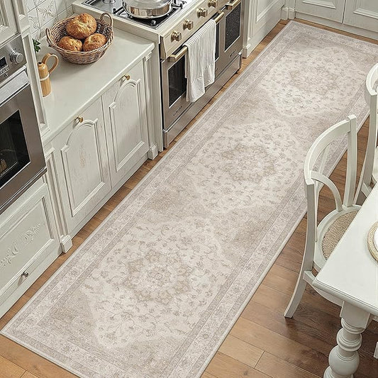 PureCozy Beige Runner Rug 2x7 Washable Vintage Carpet Hallway Kitchen Soft Retro Low Pile Thin Indoor Bedroom Non Slip Oriental Medallion Long Throw Rug for Bathroom Laundry Dining Room