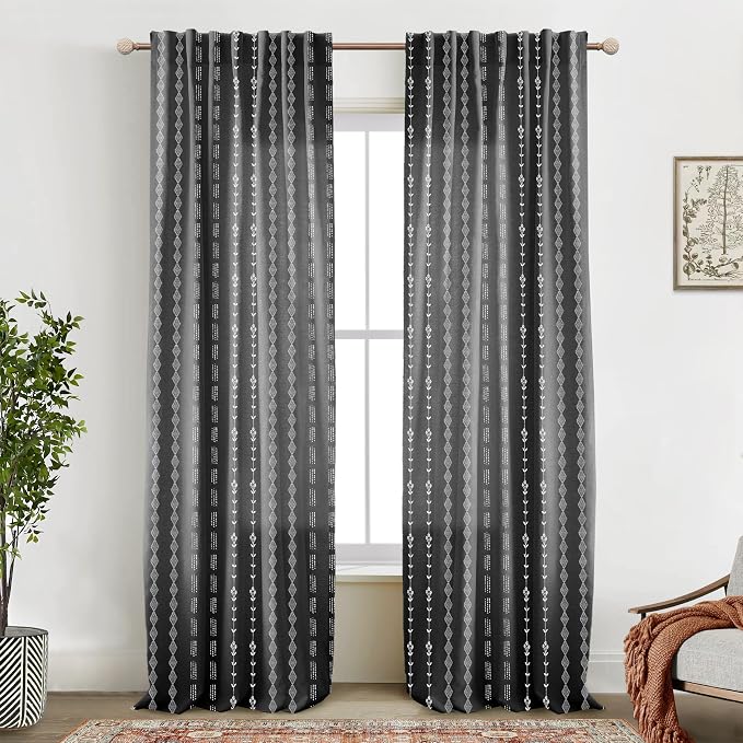 Black Sheer Curtains Linen Dark Floral Print Modern Vintage Witchy Gothic Curtains for Bedroom Living Room 96 Inches Long