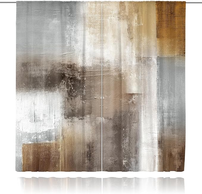 MESHELLY Brown Beige Tan Curtains 42Wx63H Inch Rod Pocket Rustic Vintage Earth Tone Oil Painting Bedroom Window Drapes Aesthetic Modern Neutral Printed Living Room Window Treatment