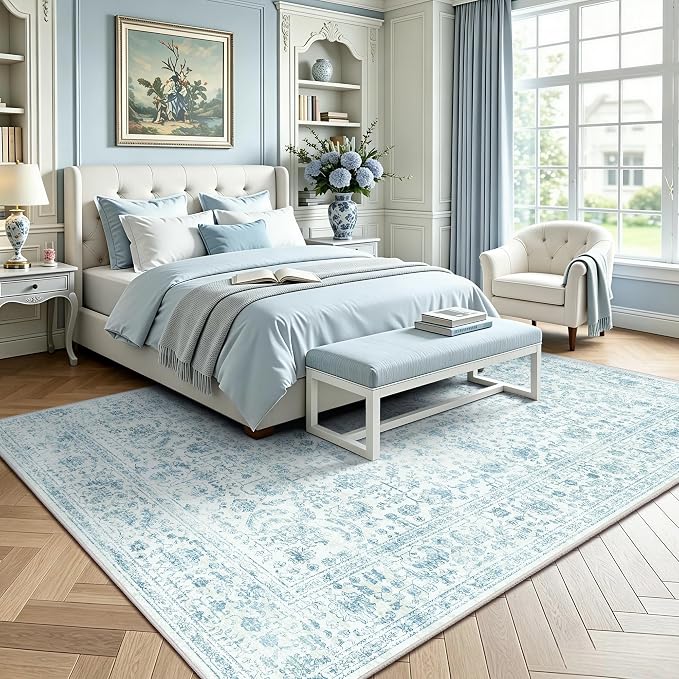 6x9 Area Rugs, Washable Vintage Retro Floral Rug for Living Room, Low Pile Non Slip Distressed Large Carpet for Bedroom, Dining Room, Office, Home (Blue)