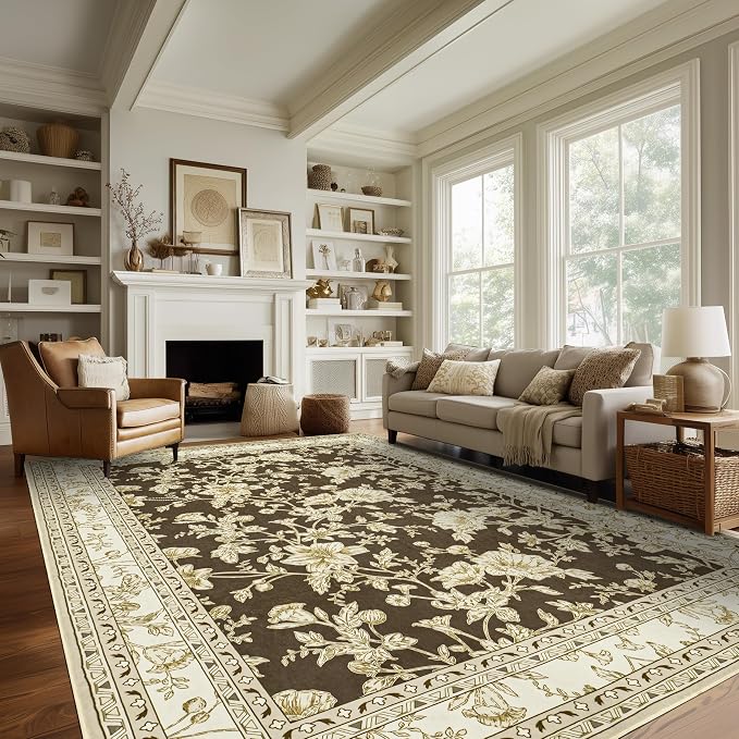 Brown Floral Rug 5x7 Machine Washable Area Rug for Living Room Vintage Boho Farmhouse Low Pile Distressed Carpet for Dining Room, Bedroom Indoor Non-Slip Brown Beige Taupe Flower Design Home Decor
