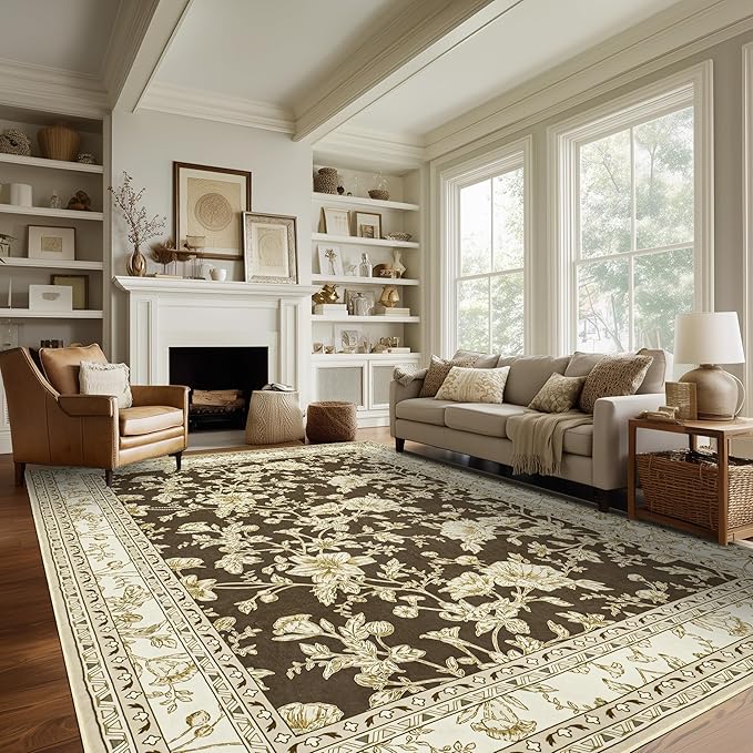 Browm Boho Living Room Rug 5x8, Washable Low Pile Non Slip Area Rugs for Bedroom, Dining Room, Office, Farmhouse Retro Carpet Indoor Gream Beige Tan Pattern Aesthetic Sketch Style Vintag Room Decor