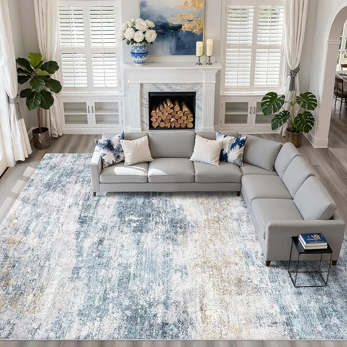 LOONGRUG 12x15 Abstract Blue Gold Rug
