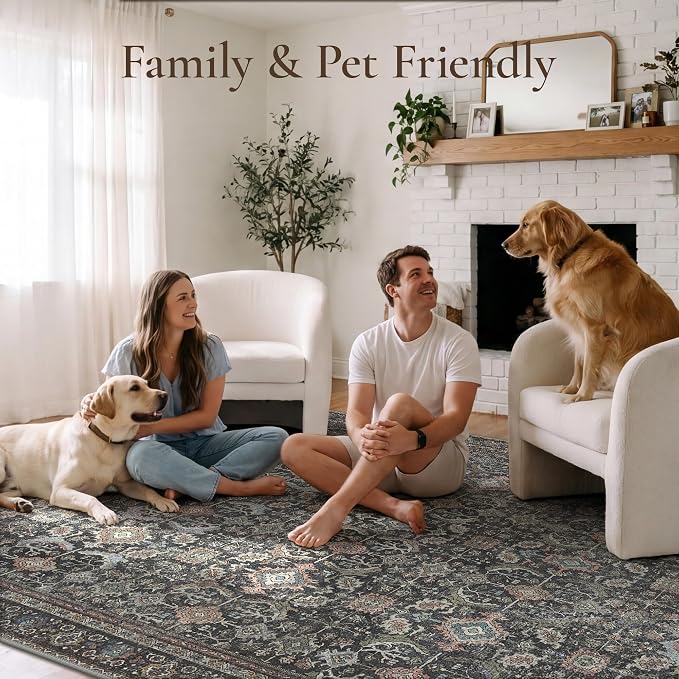 GENIMO 9x12 Area Rugs for Living Room, Machine Washable Non Slip Vintage Rugs, Low Pile Lightweight Chenille Print Rug for Bedroom, Dining Room, Home Office, Black