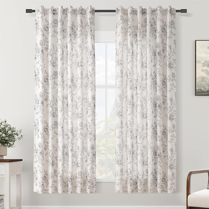 Floral Linen Curtains 72 inch length 2 panels for Dining Room Neutral Cream Black Pattern Printed Curtains Living Room Back Tab Semi Sheer Drapes Vintage Farmhouse French Country Curtain for Bedroom
