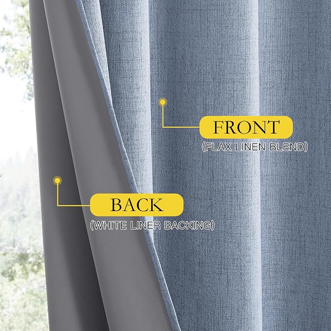 NICETOWN Stone Blue Vintage Linen 100% Blackout Curtains for Living Room, Thermal Insulated Curtains 45" Long, Noise Reducing Window Treatment Drapes for Hall Room, 52" Wide Per Panel, Set of 2