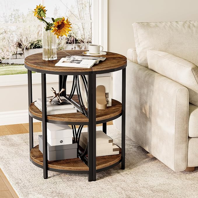 LITTLE TREE Half Round End Table, 3-Tier Narrow Side Table with Metal Frame, Half Circle Table, Half Moon Small Coffee Accent Table Bedside Table for Living Room, Bedroom