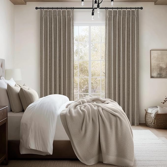 Dark Flax Extra Long Floor to Ceiling Viral Drapes 108 Inches Long 2 Panels for Sliding Glass Door, Luxury Pleat Linen Blend Living Room Light Filtering Curtain with Ceiling Track Large Linen Burg