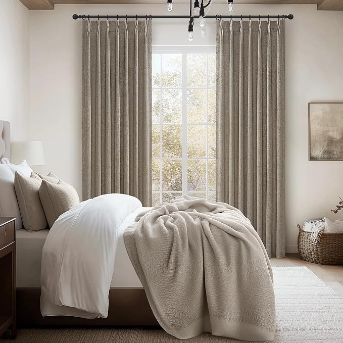 Memory Shape Pinch Pleated 86 Inch Curtains 2 Panels Set for Living Room, Dark Flax Natural Linen Semi Sheer Light Filtering Privacy Sliding Glass Door Boho Viral Window Curtain 40"W x 86"L Brown Burg
