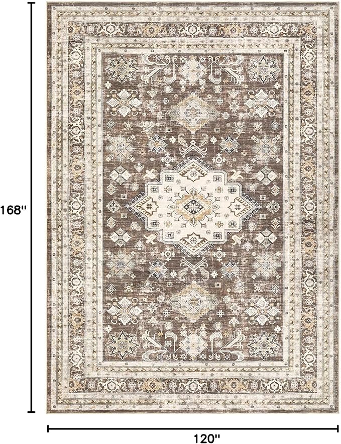 Vintage Living Room Area Rug 10x14 - Large Soft Washable Oriental Traditional Distressed Farmhouse Rugs for Bedroom - Indoor Floor Accent Carpet for Home Office House Decor - Dark Brown