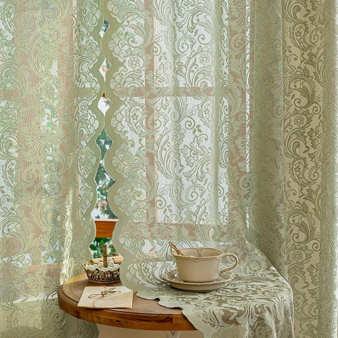 ALIGOGO Green Sheer Curtains 84 Inches Length 2 Panels - Embroidered Rustic Floral Sage Lace Curtains for Living Room Bedroom, Rod Pocket Light Filtering Scalloped Edges, 52 x 84 Inch, Sage Green