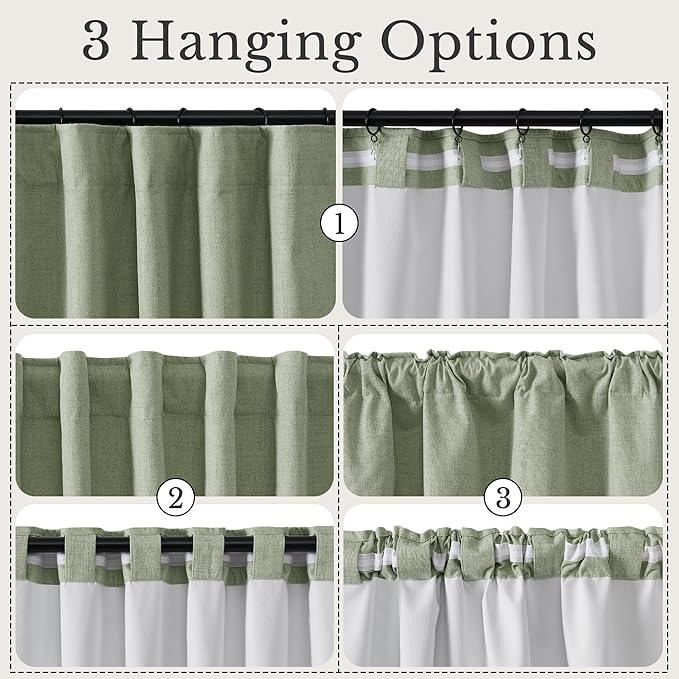 NICETOWN Farmhouse Linen Textured 100% Blackout Curtains 2 Panels, Hook Belt/Back Tab/Pocket Thermal Insulated Room Darkening Window Treatments for Bedroom, Sage Green, 52" W x 90" L