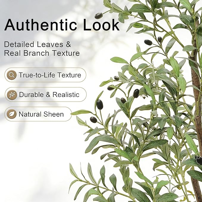 6FT Artificial Olive Tree with White Planter,Silk Fake Plants with Three Thick Trunk and Lifelike Fruits,Indoor Outdoor Fake Large Tree for Home Office Living Room Decor