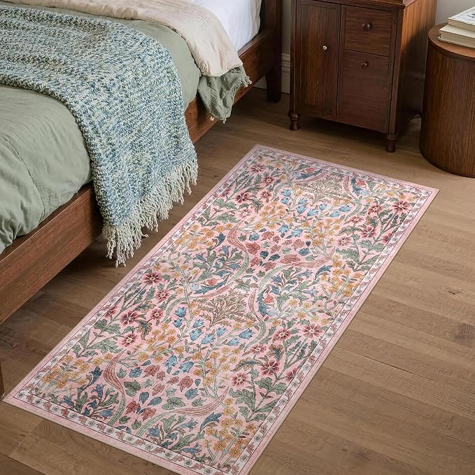 2x4 Washable Runner Rug Kitchen Hallway Area Rug Vintage Boho Floral Ultra Non-Slip Low Pile Soft Faux Wool Carpet Kids and Pets Friendly for Bathroom Bedroom Entryway Nursery Home Rug Pink