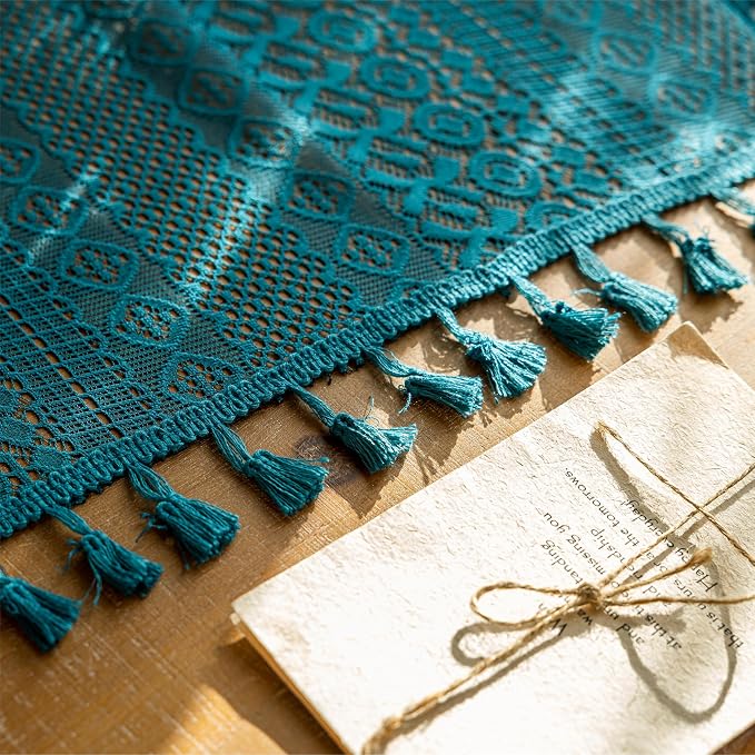 Sutuo Home Boho Lace Teal Curtains 96 inches Long for Living Room Bedroom, Semi Sheer Curtains Turquoise Farmhouse Privacy Crochet Vintage Tassels Window Decor Rod Pocket Decor, 2 Panels 50" W